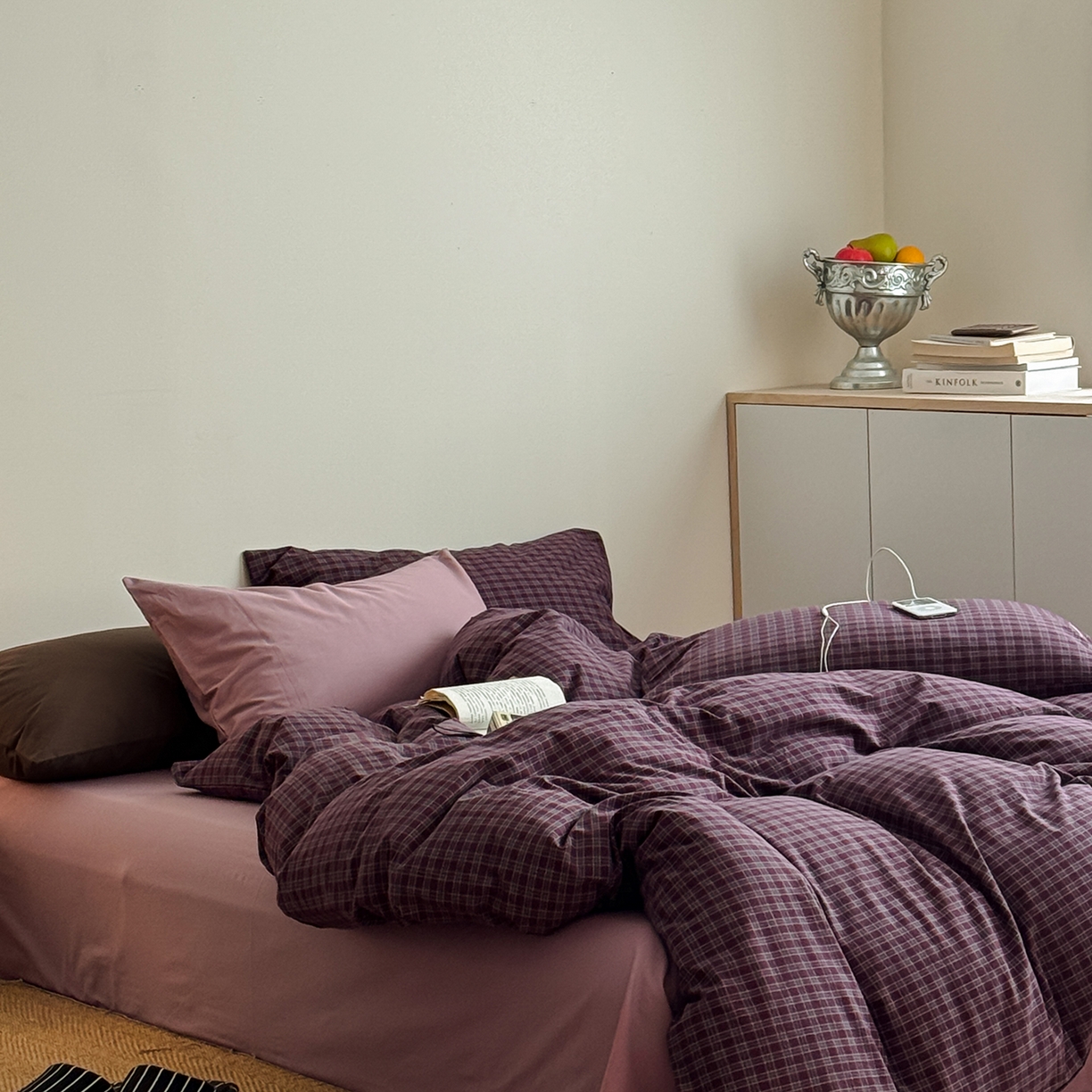 91家纺网 家纺一手货源 找家纺 蜜宿 2026新款全棉色织水洗棉四件套-玫瑰情书 玫瑰情书（枕套胭脂紫+格纹）