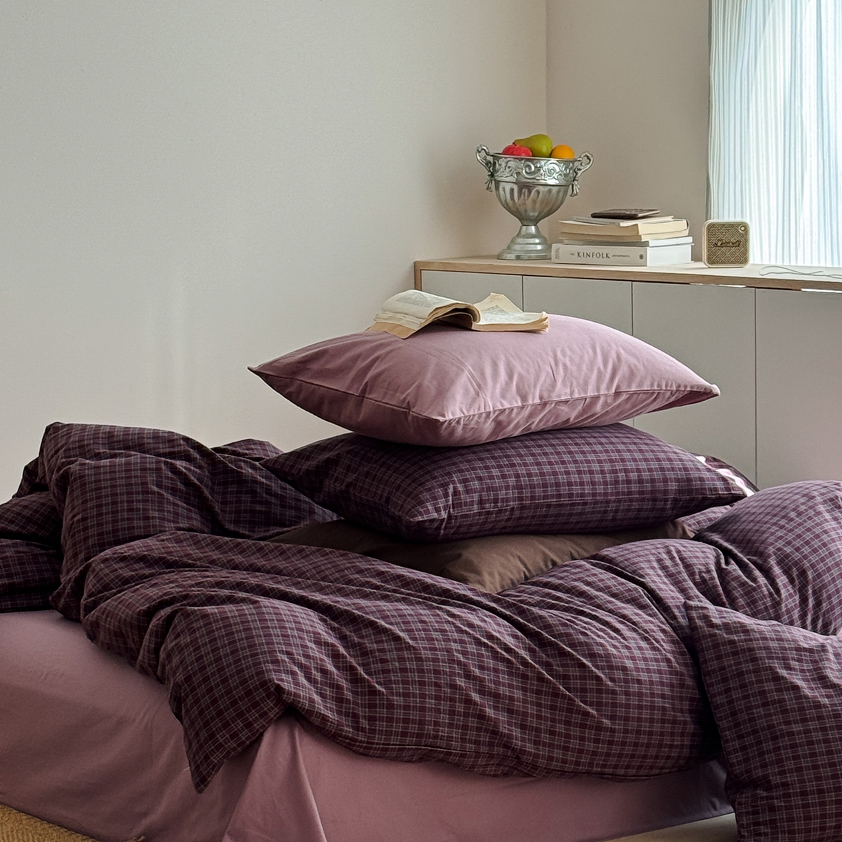 91家纺网 家纺一手货源 找家纺 蜜宿 2026新款全棉色织水洗棉四件套-玫瑰情书 玫瑰情书（枕套胭脂紫+格纹）