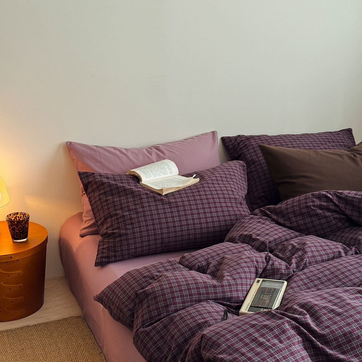 91家纺网 家纺一手货源 找家纺 蜜宿 2026新款全棉色织水洗棉四件套-玫瑰情书 玫瑰情书（枕套胭脂紫+格纹）