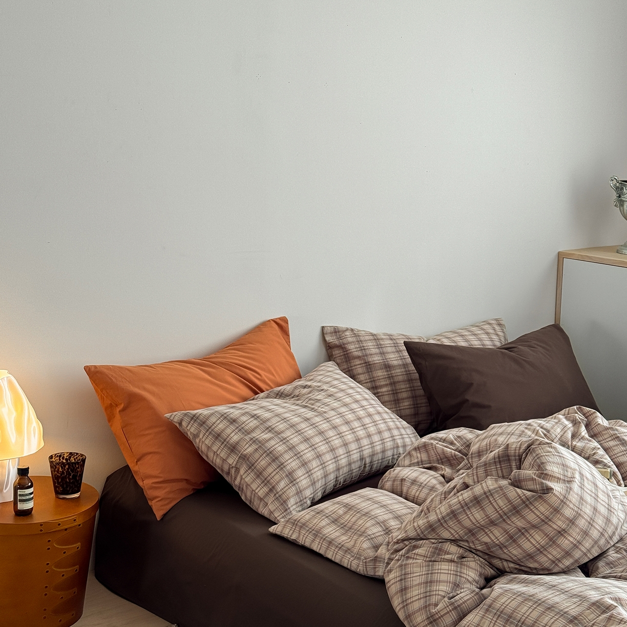 91家纺网 家纺一手货源 找家纺 蜜宿 2026新款全棉色织水洗棉四件套-美拉德棕 美拉德棕（枕套格纹+可可棕）