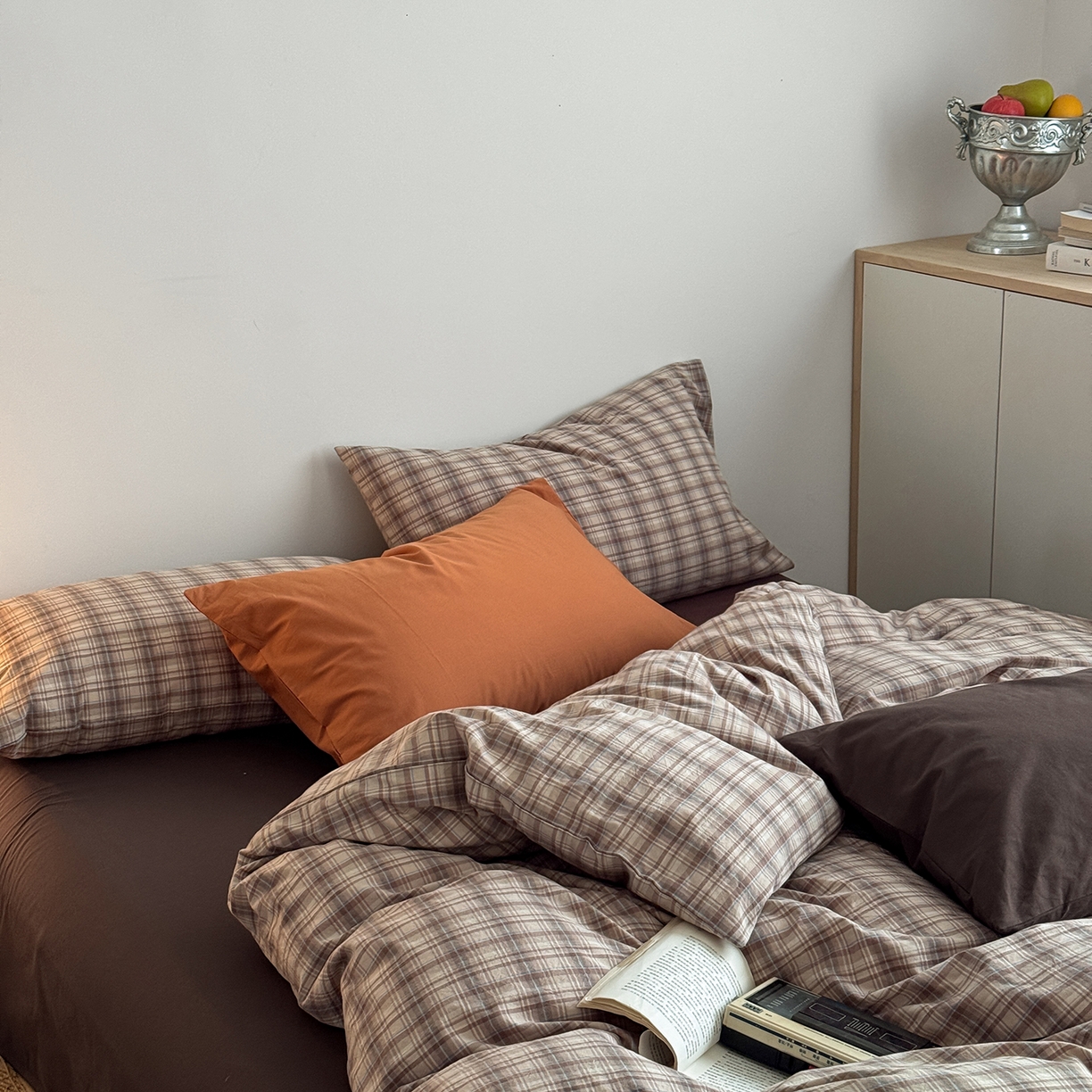 91家纺网 家纺一手货源 找家纺 蜜宿 2026新款全棉色织水洗棉四件套-美拉德棕 美拉德棕（枕套格纹+可可棕）