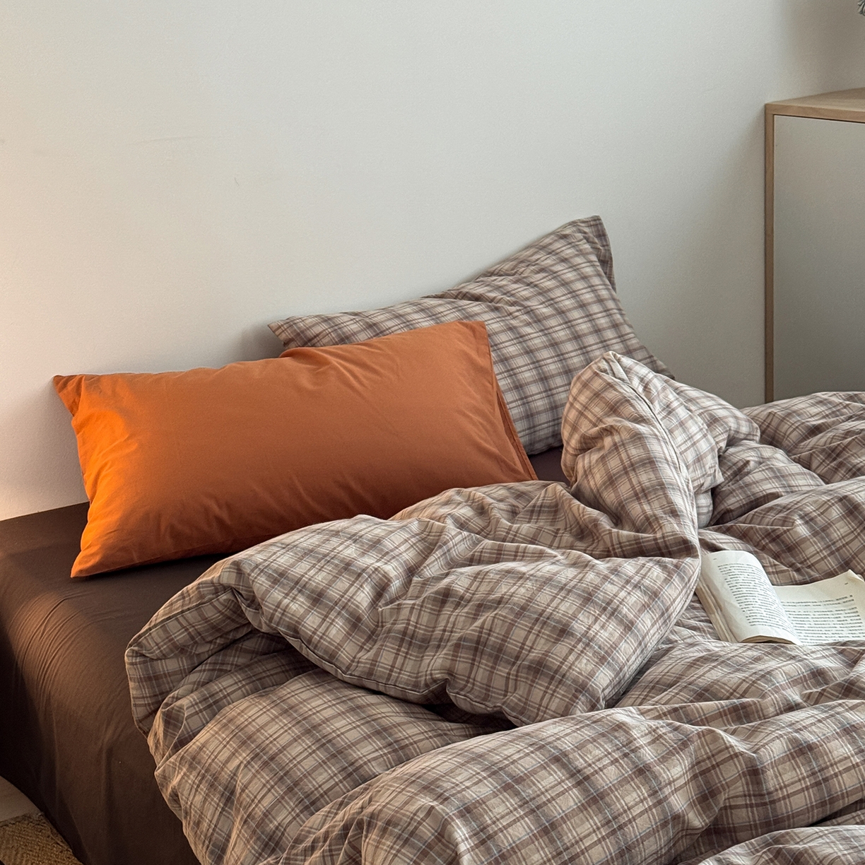 91家纺网 家纺一手货源 找家纺 蜜宿 2026新款全棉色织水洗棉四件套-美拉德棕 美拉德棕（枕套格纹+可可棕）