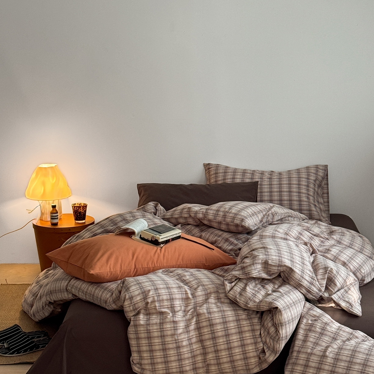 91家纺网 家纺一手货源 找家纺 蜜宿 2026新款全棉色织水洗棉四件套-美拉德棕 美拉德棕（枕套格纹+可可棕）