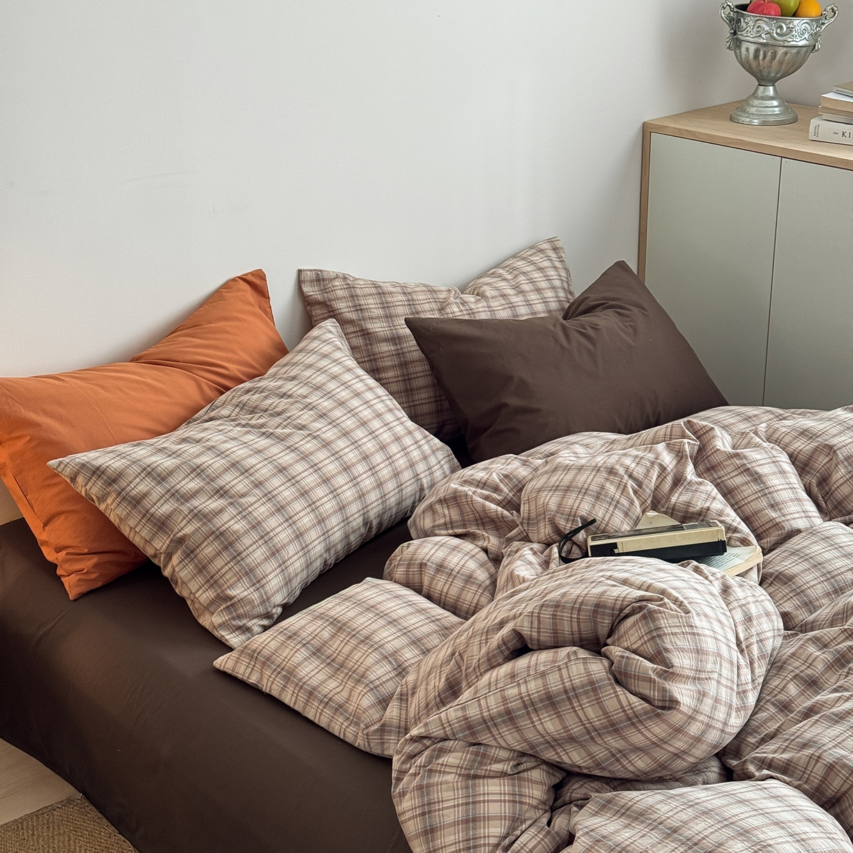 91家纺网 家纺一手货源 找家纺 蜜宿 2026新款全棉色织水洗棉四件套-美拉德棕 美拉德棕（枕套格纹+南瓜泥）