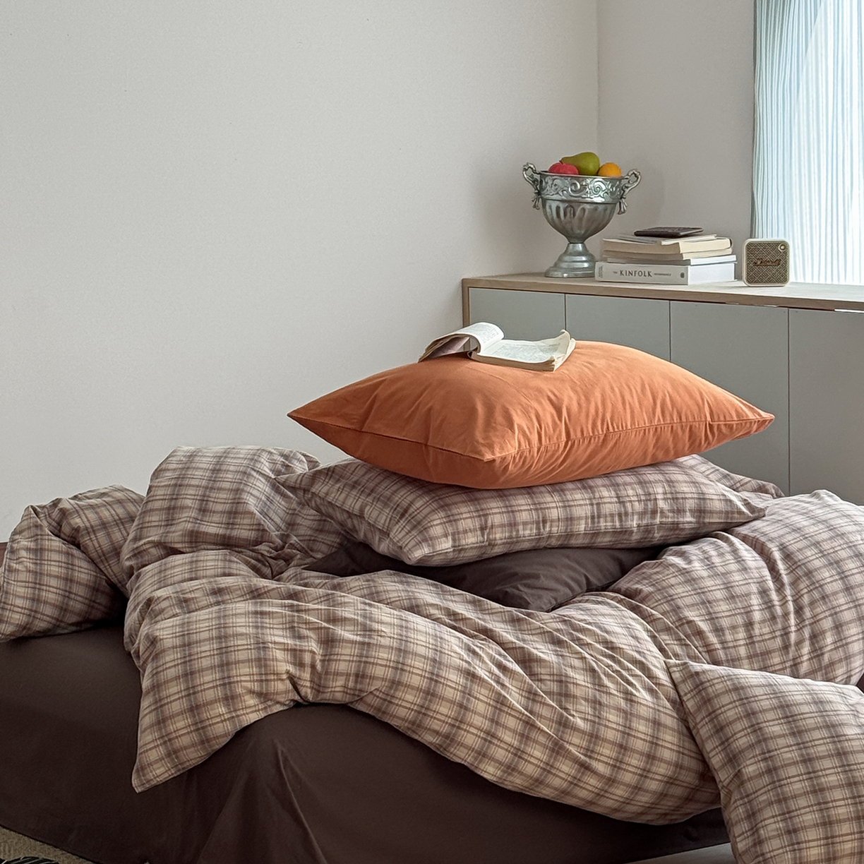 91家纺网 家纺一手货源 找家纺 蜜宿 2026新款全棉色织水洗棉四件套-美拉德棕 美拉德棕（枕套格纹+南瓜泥）