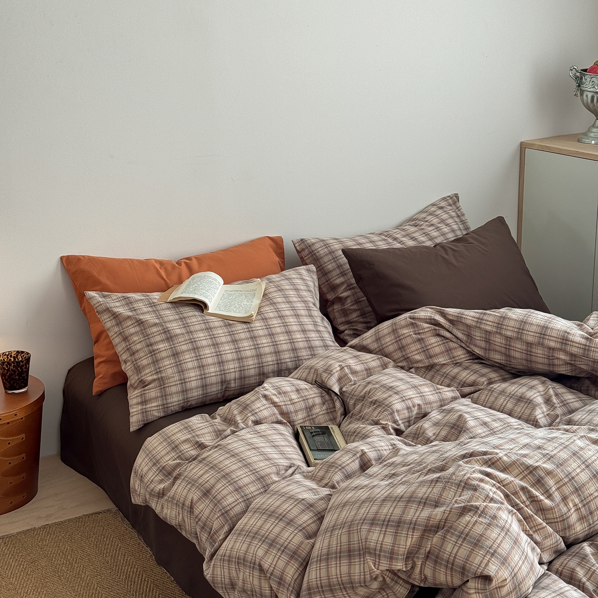 91家纺网 家纺一手货源 找家纺 蜜宿 2026新款全棉色织水洗棉四件套-美拉德棕 美拉德棕（枕套格纹+南瓜泥）