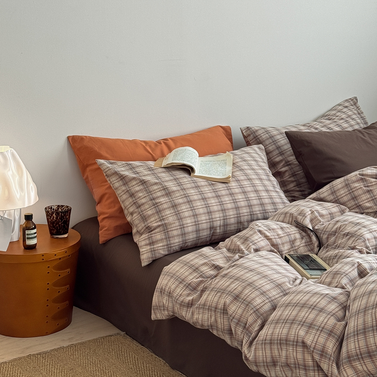 91家纺网 家纺一手货源 找家纺 蜜宿 2026新款全棉色织水洗棉四件套-美拉德棕 美拉德棕（枕套格纹+南瓜泥）