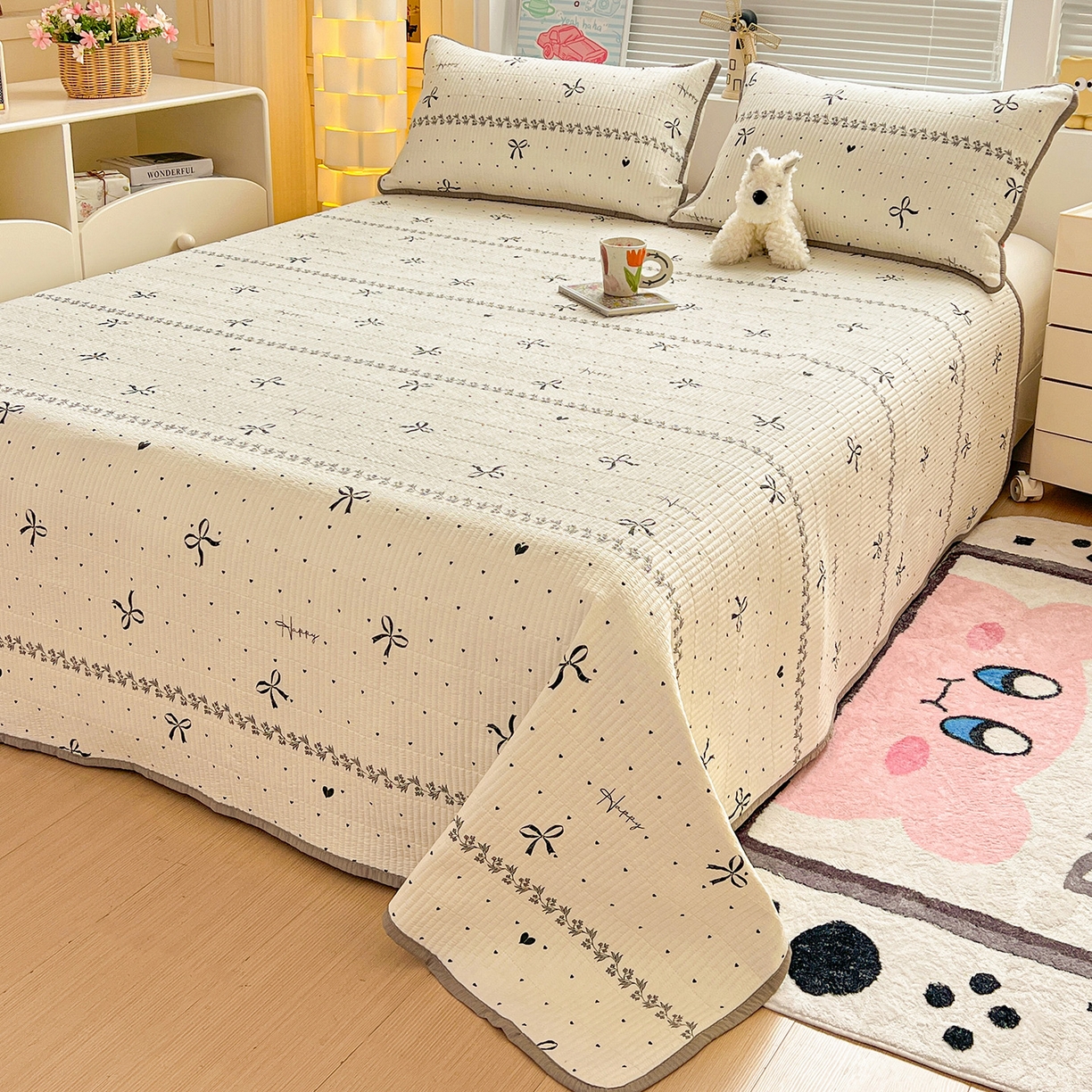 91家纺网 家纺一手货源 找家纺 优选 2026新款木棉印花床盖三件套 点点爱心