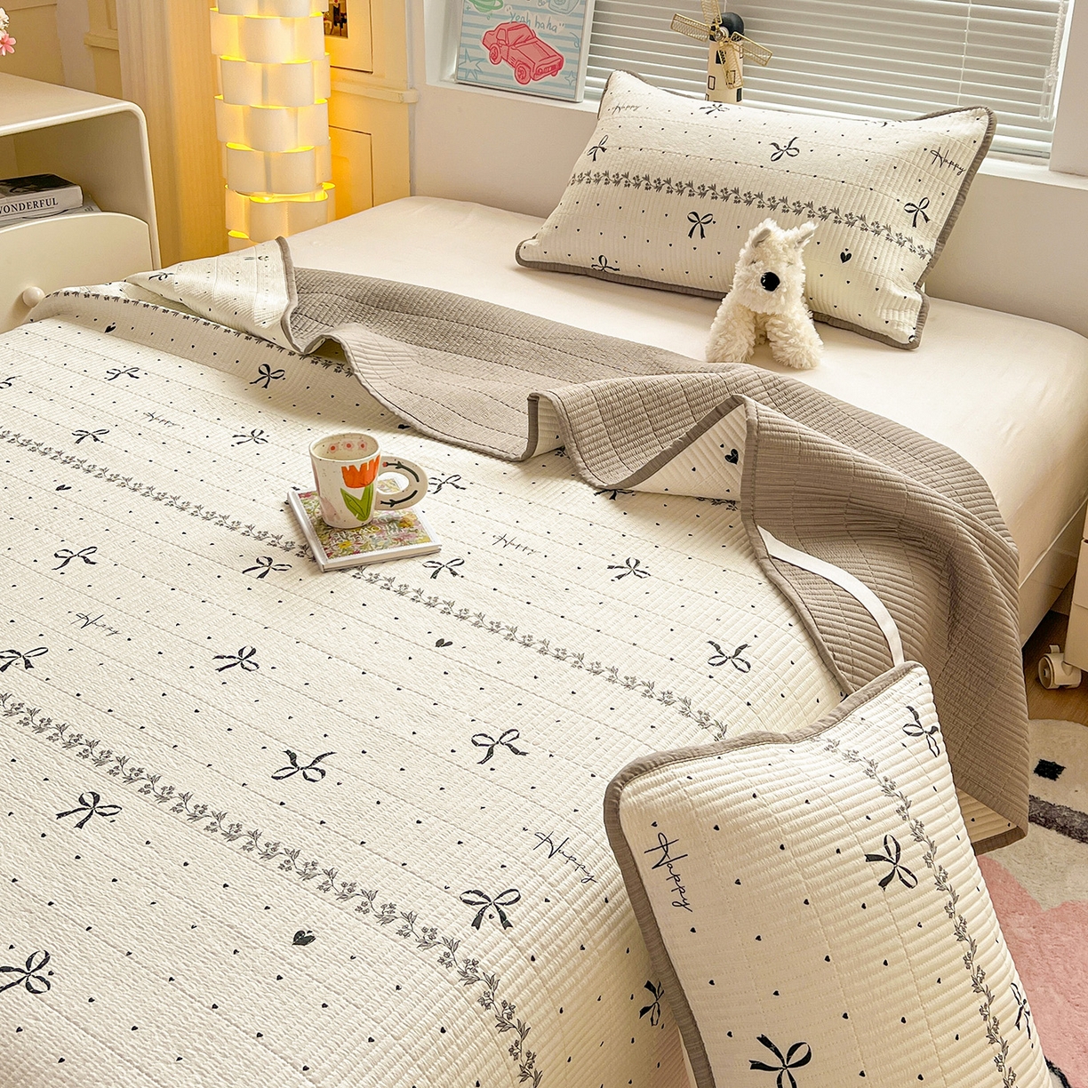 91家纺网 家纺一手货源 找家纺 优选 2026新款木棉印花床盖三件套 点点爱心