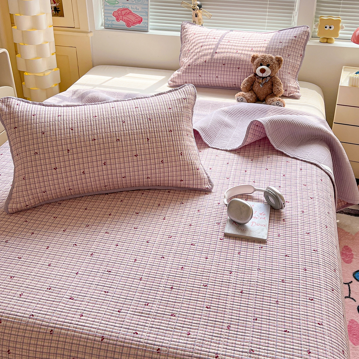 91家纺网 家纺一手货源 找家纺 优选 2026新款木棉印花床盖三件套 格子樱桃