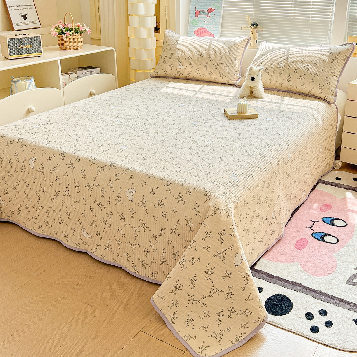 91家纺网 家纺一手货源 找家纺 优选 2026新款木棉印花床盖三件套 花花兔兔