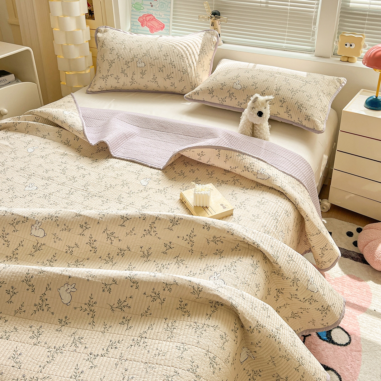 91家纺网 家纺一手货源 找家纺 优选 2026新款木棉印花床盖三件套 花花兔兔