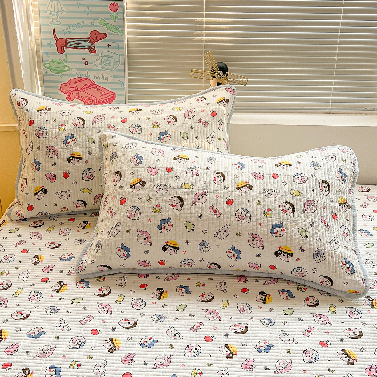 91家纺网 家纺一手货源 找家纺 优选 2026新款木棉印花床盖三件套 快乐小新