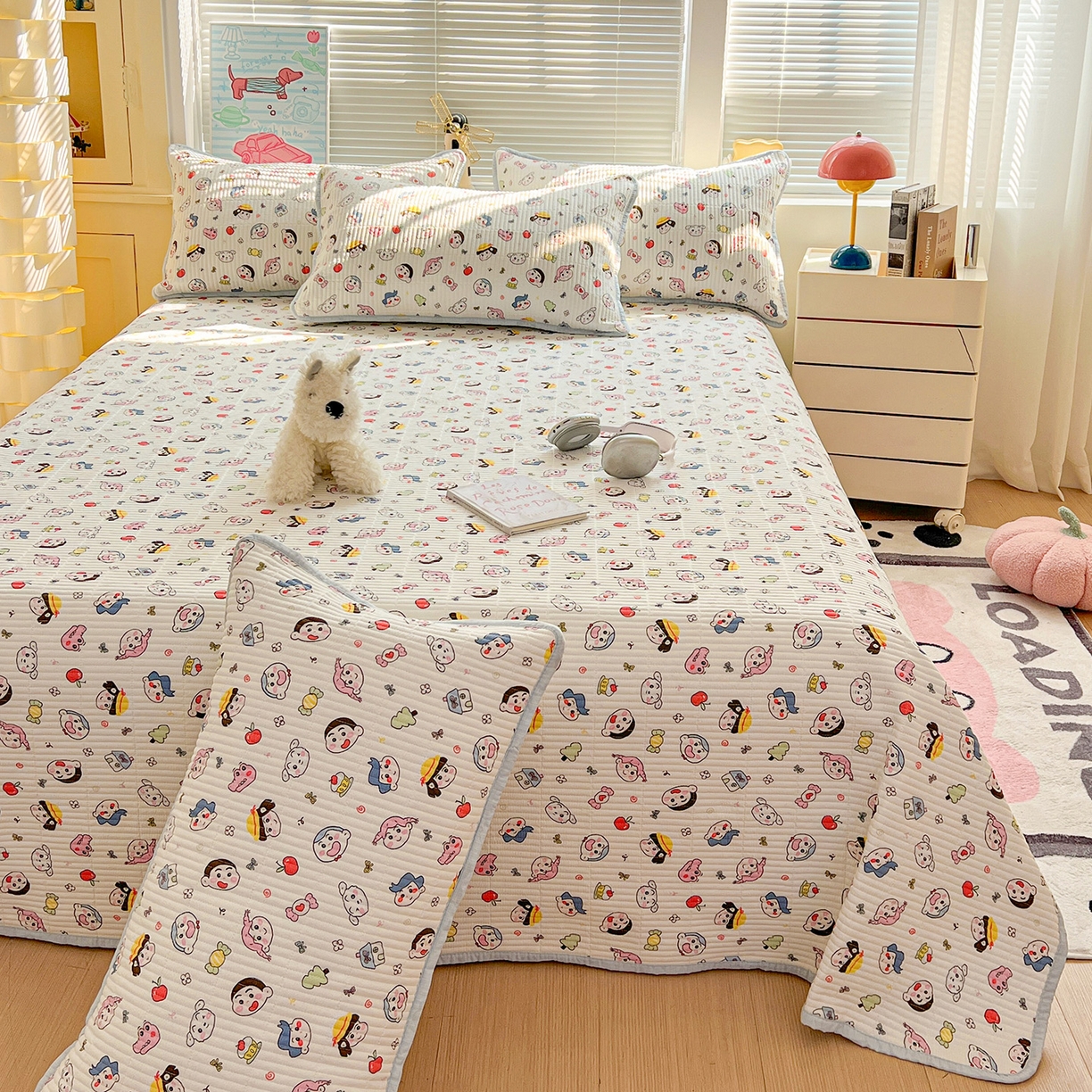 91家纺网 家纺一手货源 找家纺 优选 2026新款木棉印花床盖三件套 快乐小新