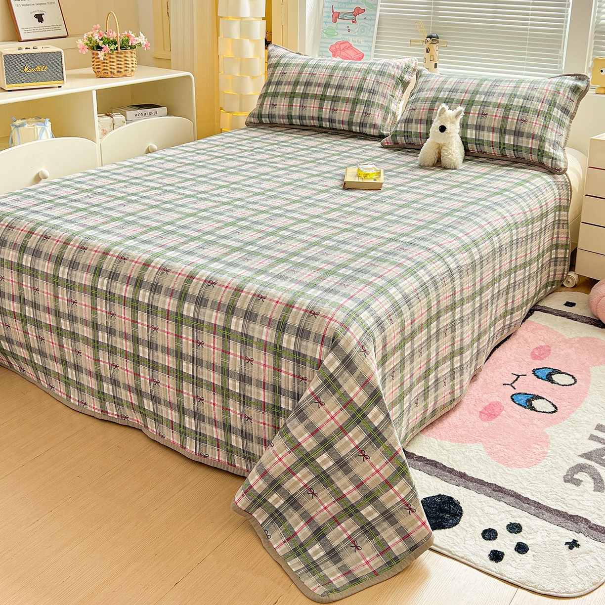 91家纺网 家纺一手货源 找家纺 优选 2026新款木棉印花床盖三件套 绿色条格