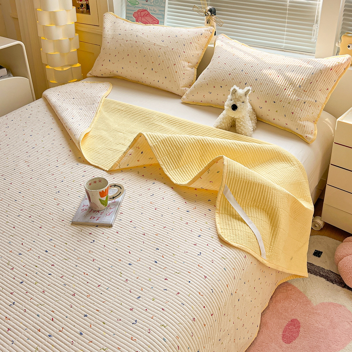 91家纺网 家纺一手货源 找家纺 优选 2026新款木棉印花床盖三件套 音乐篇章