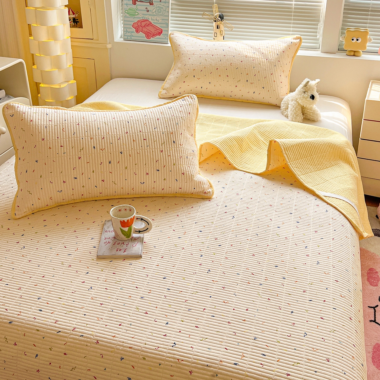 91家纺网 家纺一手货源 找家纺 优选 2026新款木棉印花床盖三件套 音乐篇章