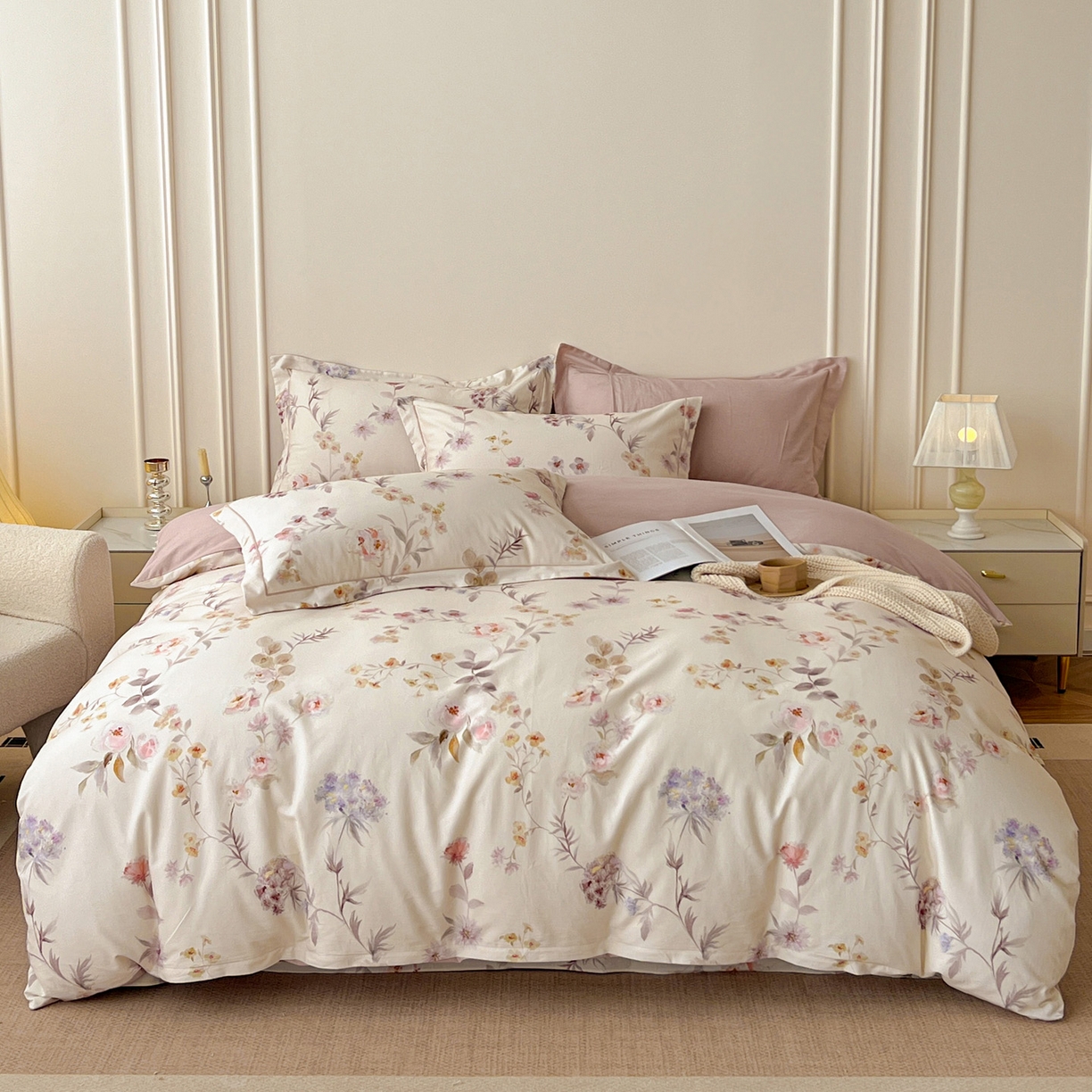 91家纺网 家纺一手货源 找家纺 朵希曼 2026新款全棉云感生态磨毛数码印花系列四件套 初茅-米