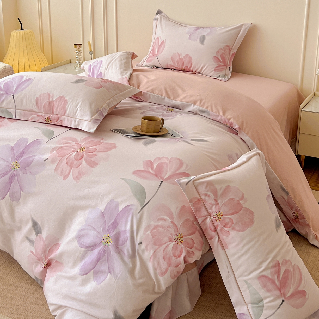 91家纺网 家纺一手货源 找家纺 朵希曼 2026新款全棉云感生态磨毛数码印花系列四件套 茶言妙语