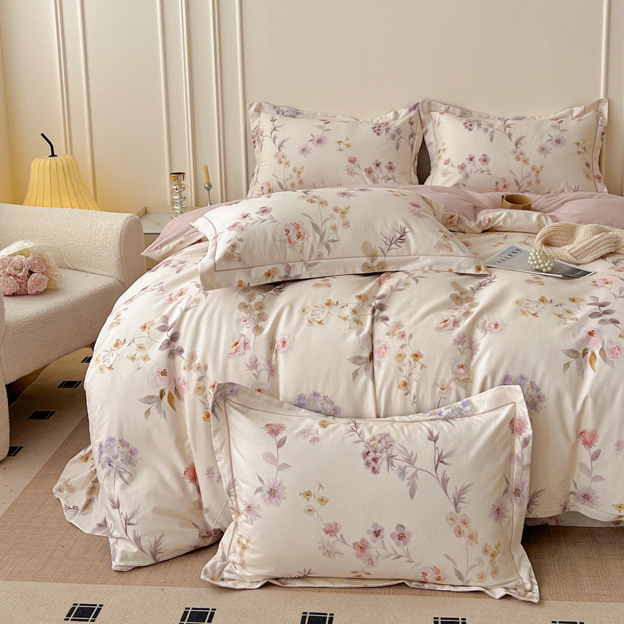 91家纺网 家纺一手货源 找家纺 朵希曼 2026新款全棉云感生态磨毛数码印花系列四件套 初茅-米