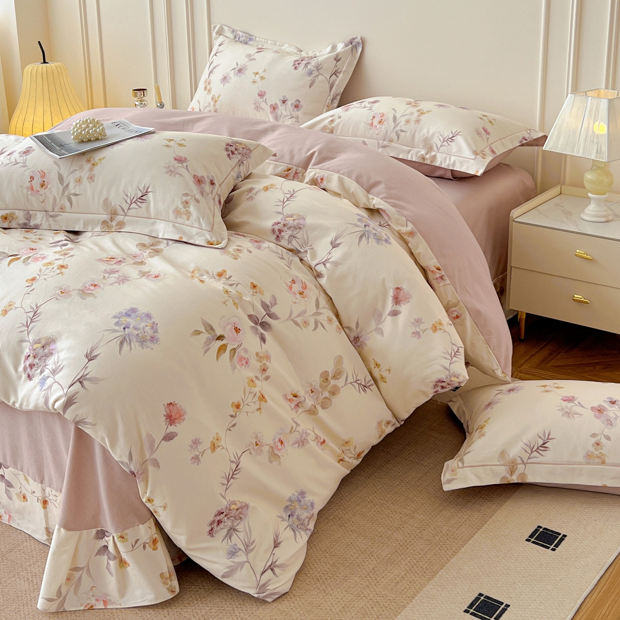 91家纺网 家纺一手货源 找家纺 朵希曼 2026新款全棉云感生态磨毛数码印花系列四件套 初茅-米