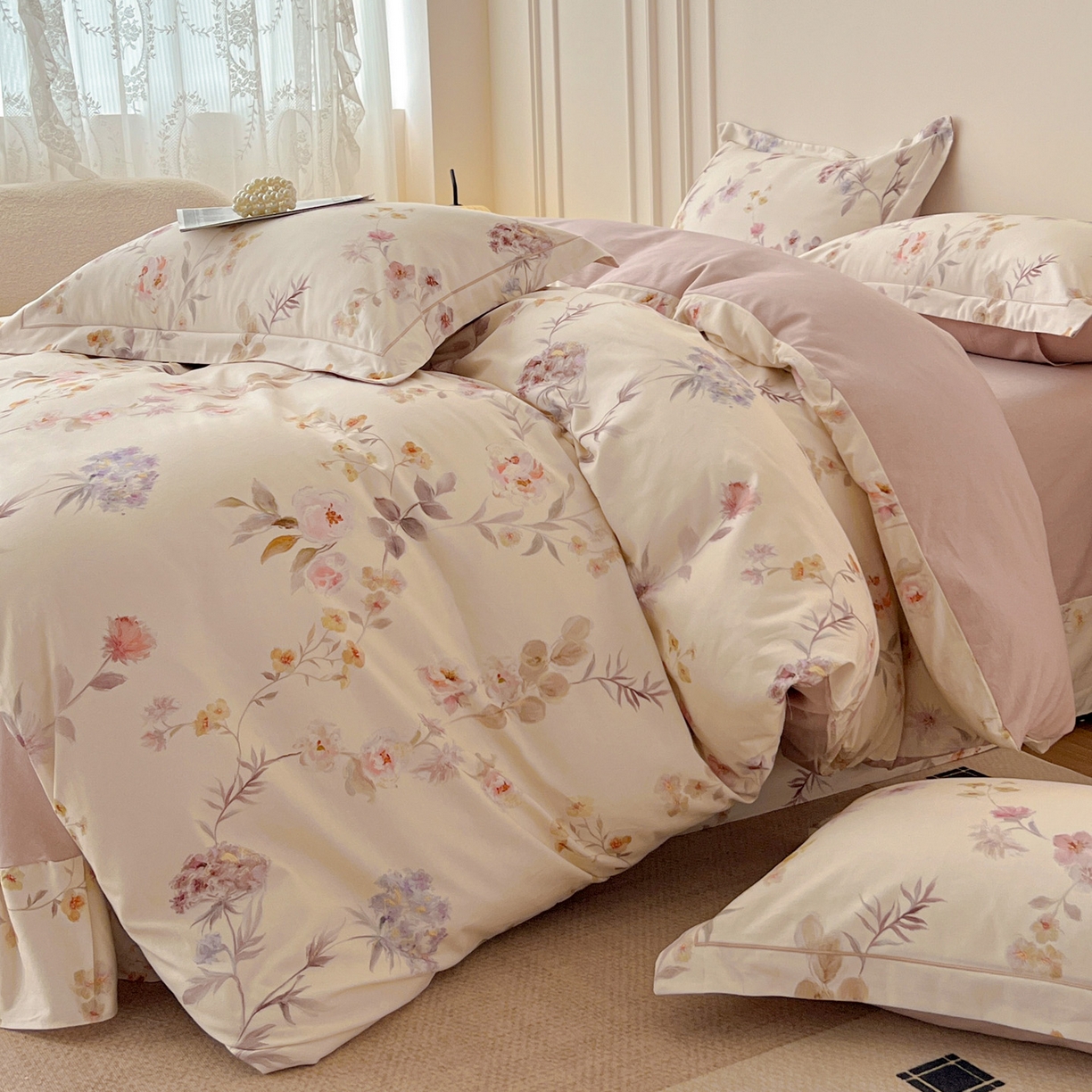 91家纺网 家纺一手货源 找家纺 朵希曼 2026新款全棉云感生态磨毛数码印花系列四件套 初茅-米