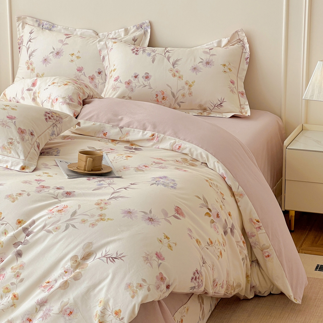 91家纺网 家纺一手货源 找家纺 朵希曼 2026新款全棉云感生态磨毛数码印花系列四件套 初茅-米