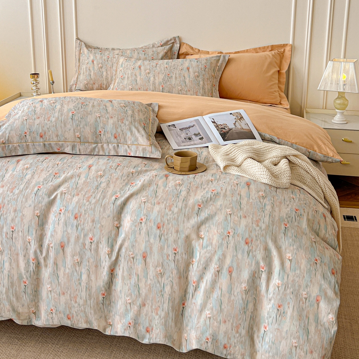 91家纺网 家纺一手货源 找家纺 朵希曼 2026新款全棉生态磨毛数码印花系列四件套 花影-桔