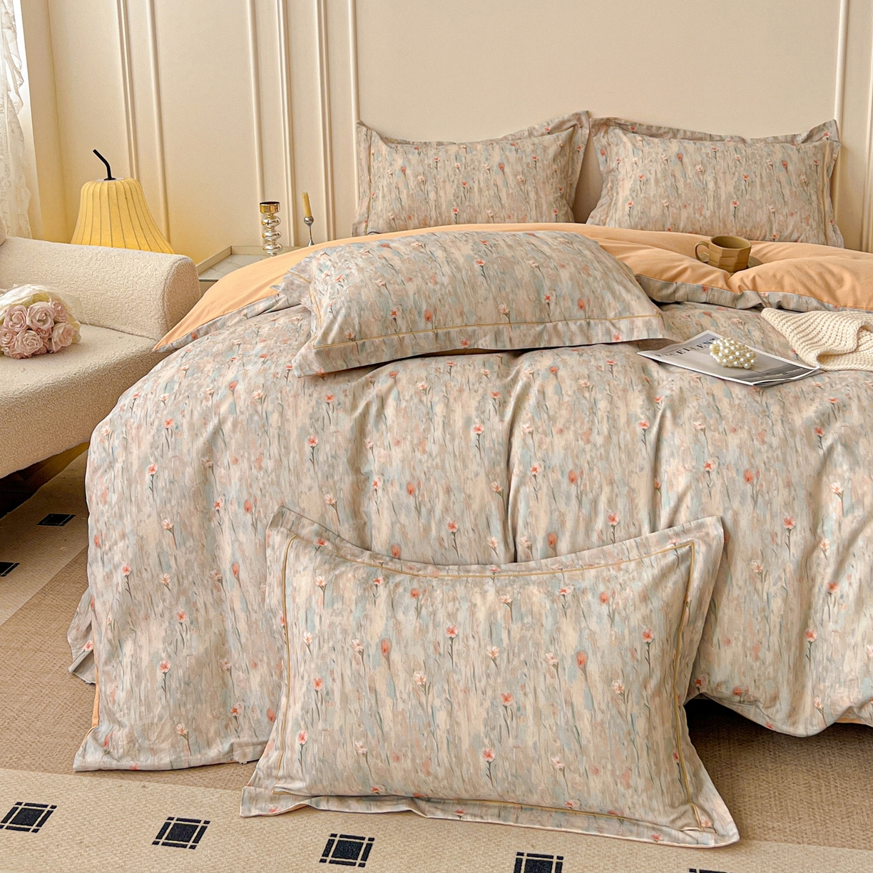 91家纺网 家纺一手货源 找家纺 朵希曼 2026新款全棉生态磨毛数码印花系列四件套 花影-桔