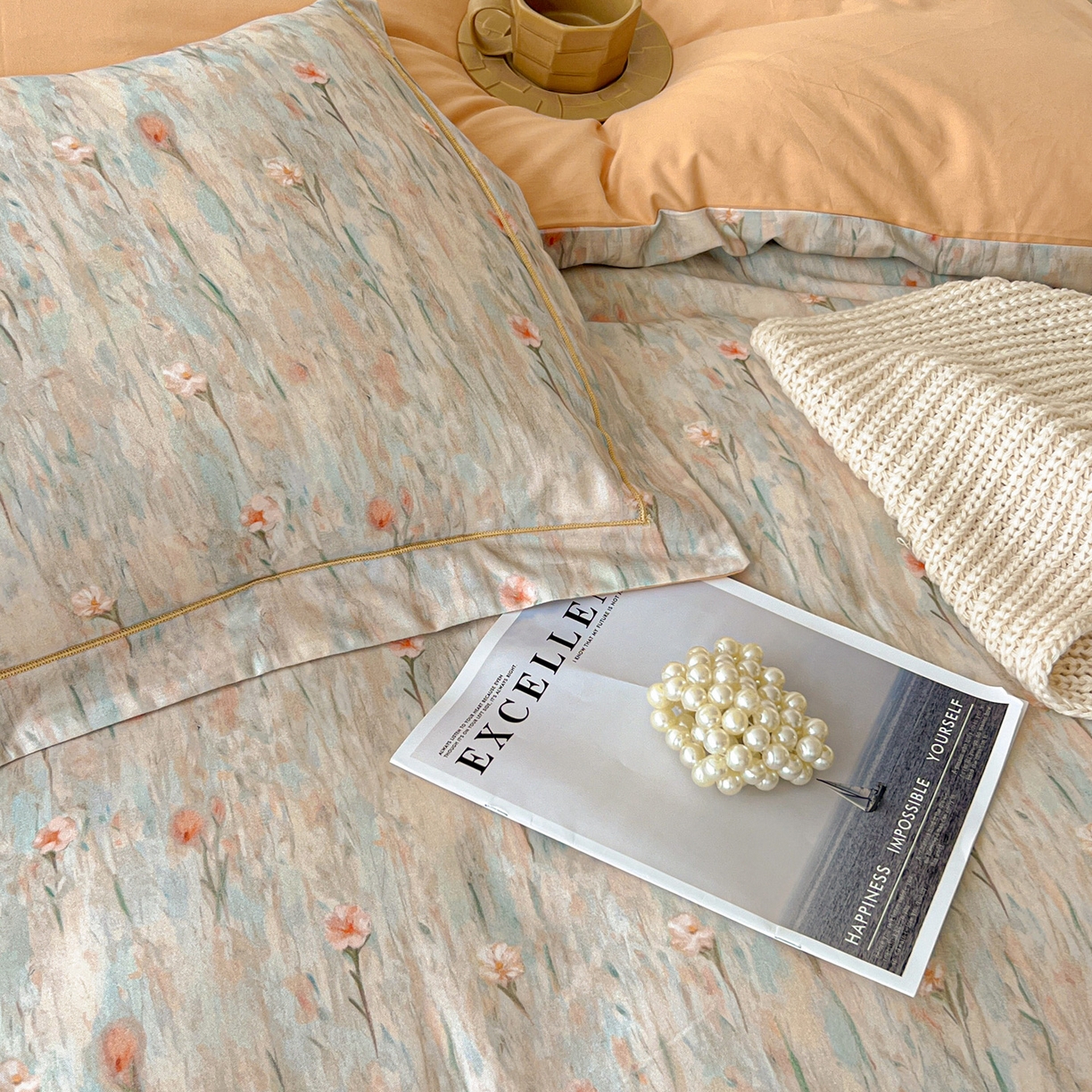 91家纺网 家纺一手货源 找家纺 朵希曼 2026新款全棉生态磨毛数码印花系列四件套 花影-桔