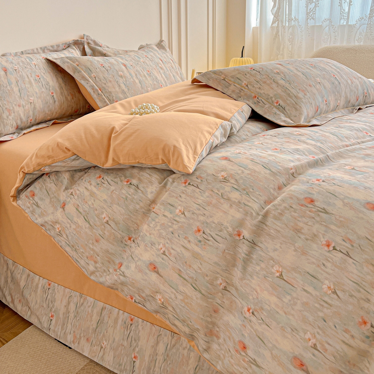 91家纺网 家纺一手货源 找家纺 朵希曼 2026新款全棉生态磨毛数码印花系列四件套 花影-桔