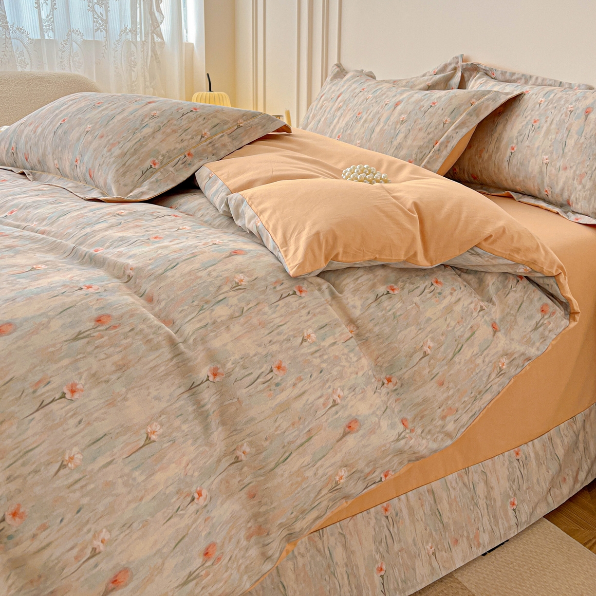 91家纺网 家纺一手货源 找家纺 朵希曼 2026新款全棉生态磨毛数码印花系列四件套 花影-桔