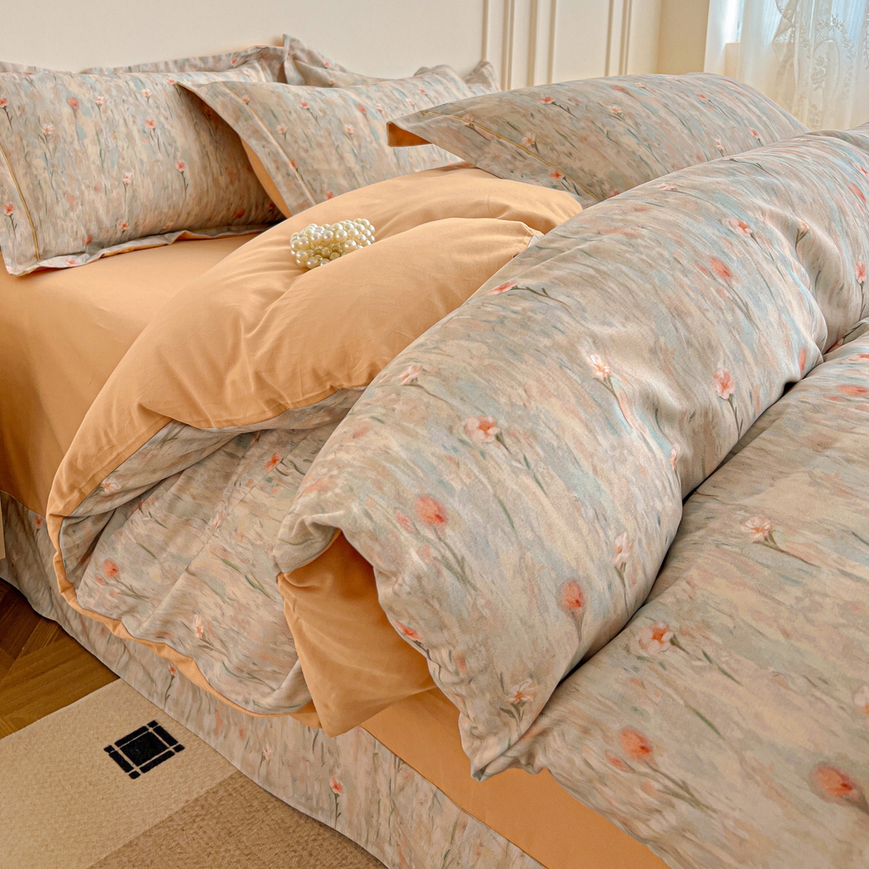 91家纺网 家纺一手货源 找家纺 朵希曼 2026新款全棉生态磨毛数码印花系列四件套 花影-桔