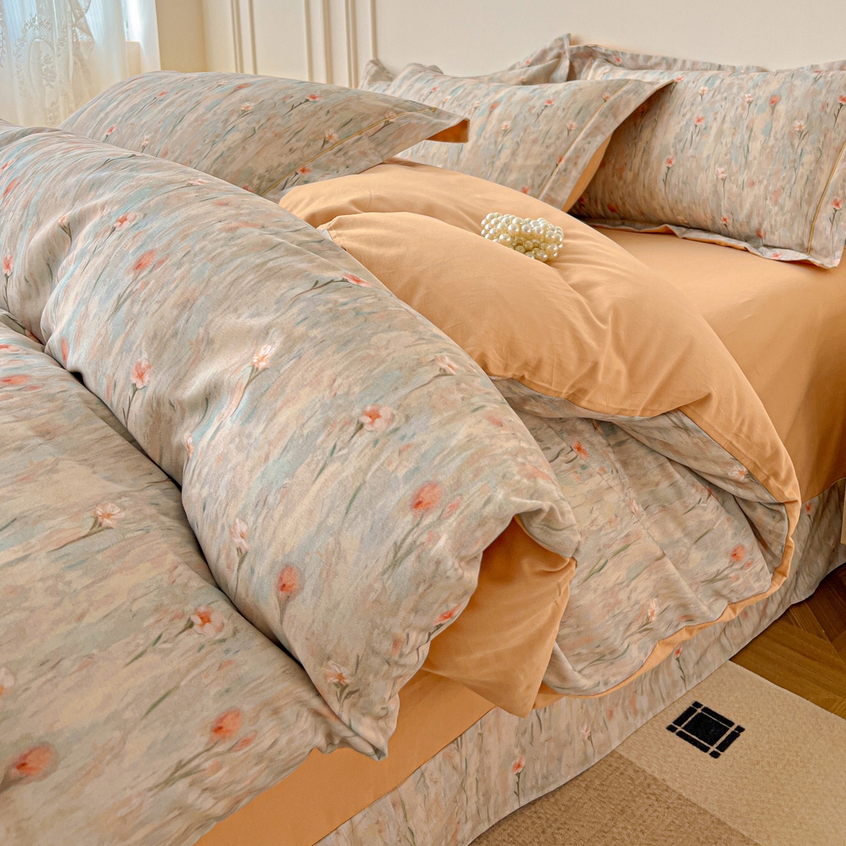 91家纺网 家纺一手货源 找家纺 朵希曼 2026新款全棉生态磨毛数码印花系列四件套 花影-桔