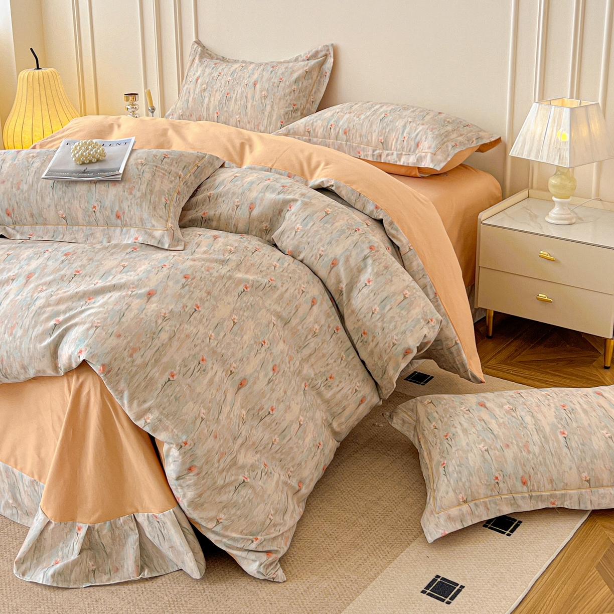 91家纺网 家纺一手货源 找家纺 朵希曼 2026新款全棉生态磨毛数码印花系列四件套 花影-桔