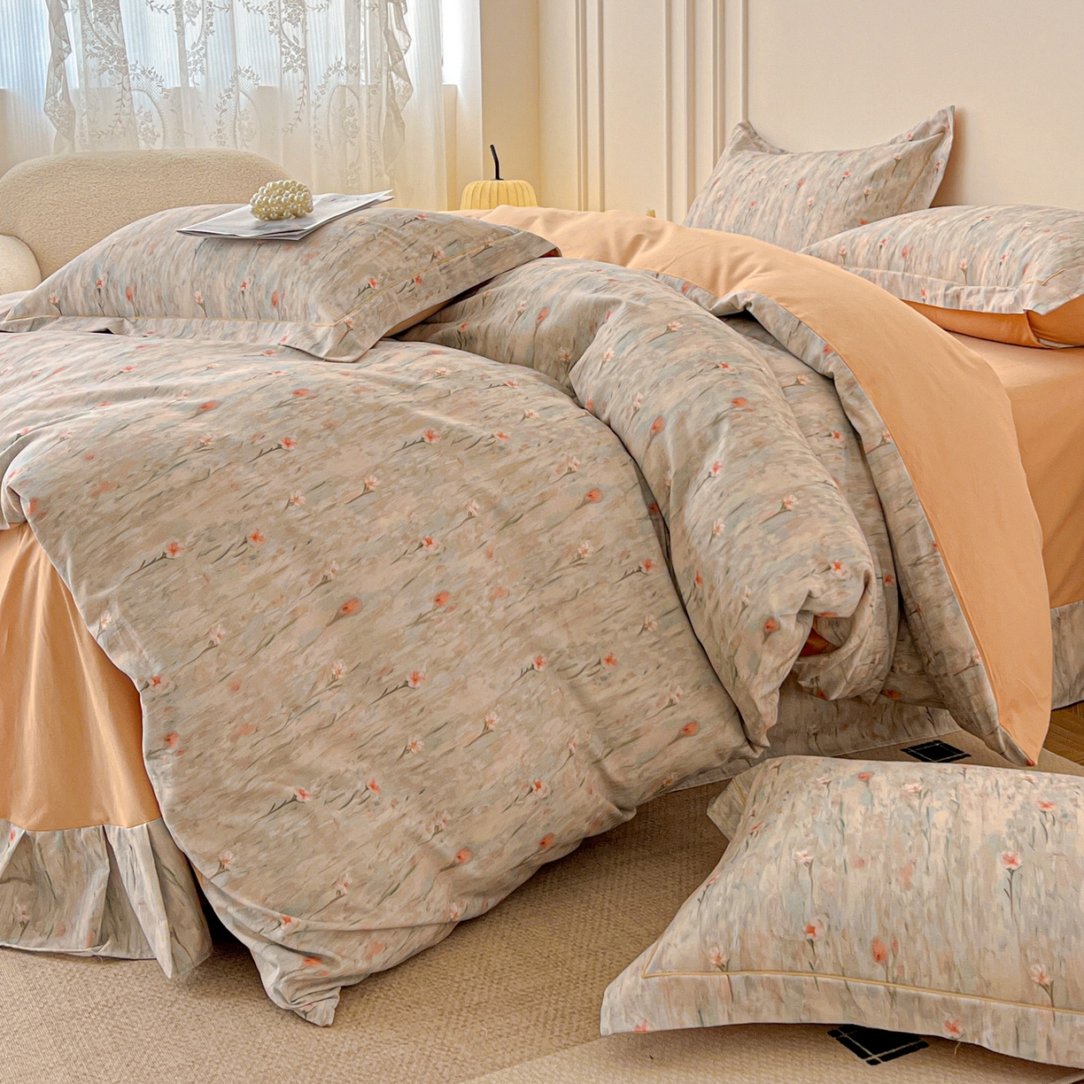 91家纺网 家纺一手货源 找家纺 朵希曼 2026新款全棉生态磨毛数码印花系列四件套 花影-桔