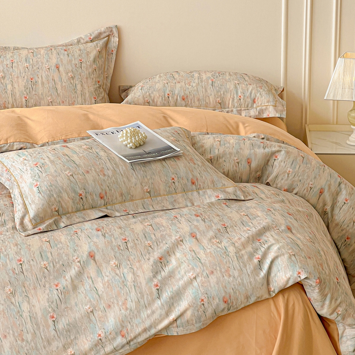 91家纺网 家纺一手货源 找家纺 朵希曼 2026新款全棉生态磨毛数码印花系列四件套 花影-桔