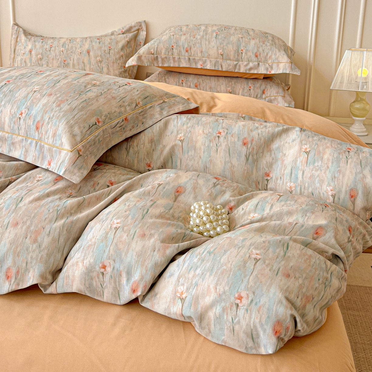 91家纺网 家纺一手货源 找家纺 朵希曼 2026新款全棉生态磨毛数码印花系列四件套 花影-桔