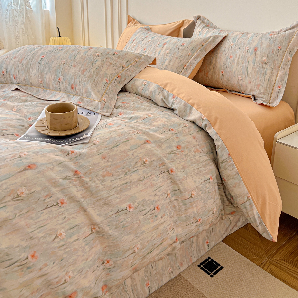 91家纺网 家纺一手货源 找家纺 朵希曼 2026新款全棉生态磨毛数码印花系列四件套 花影-桔