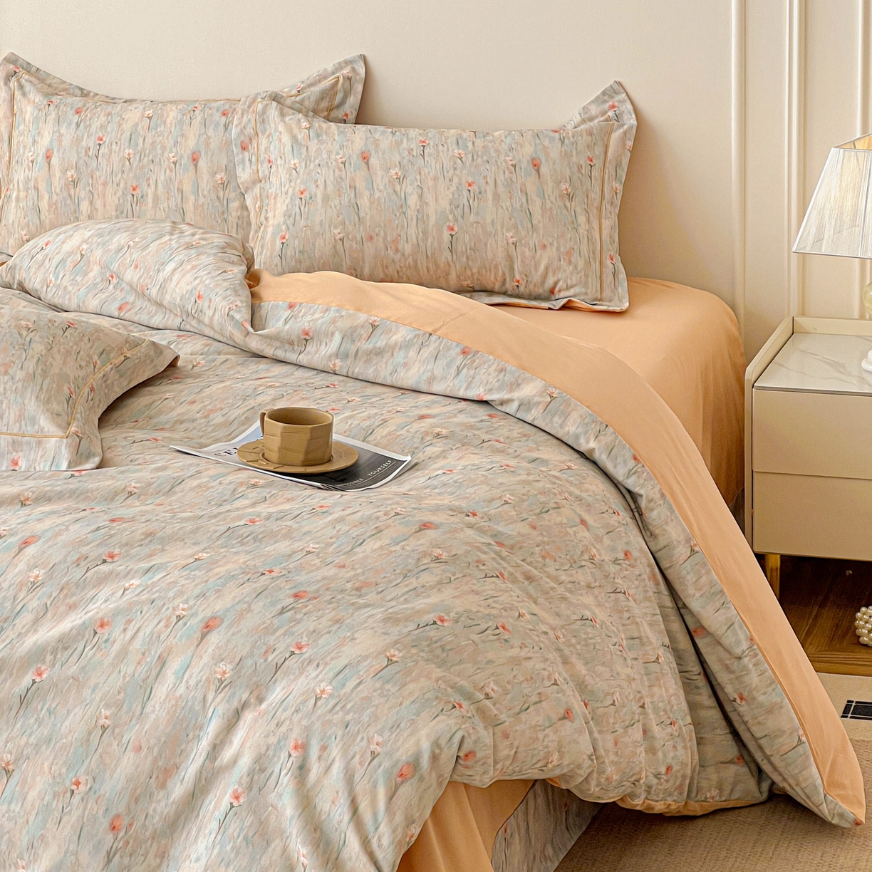 91家纺网 家纺一手货源 找家纺 朵希曼 2026新款全棉生态磨毛数码印花系列四件套 花影-桔