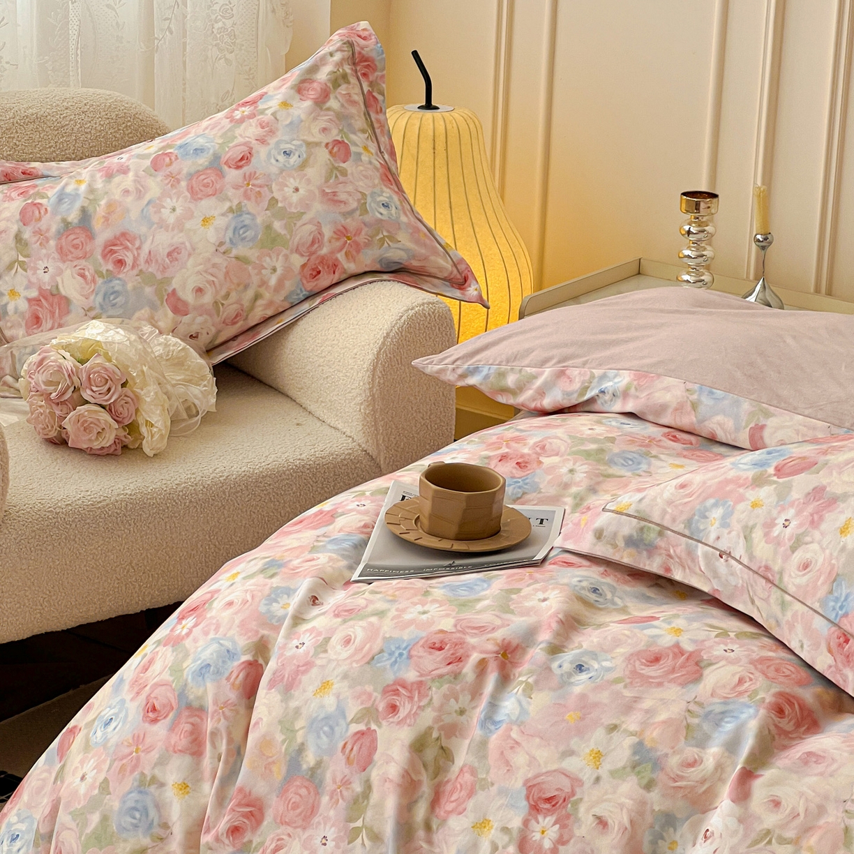 91家纺网 家纺一手货源 找家纺 朵希曼 2026新款全棉生态磨毛数码印花系列四件套 甜梦茶语-粉