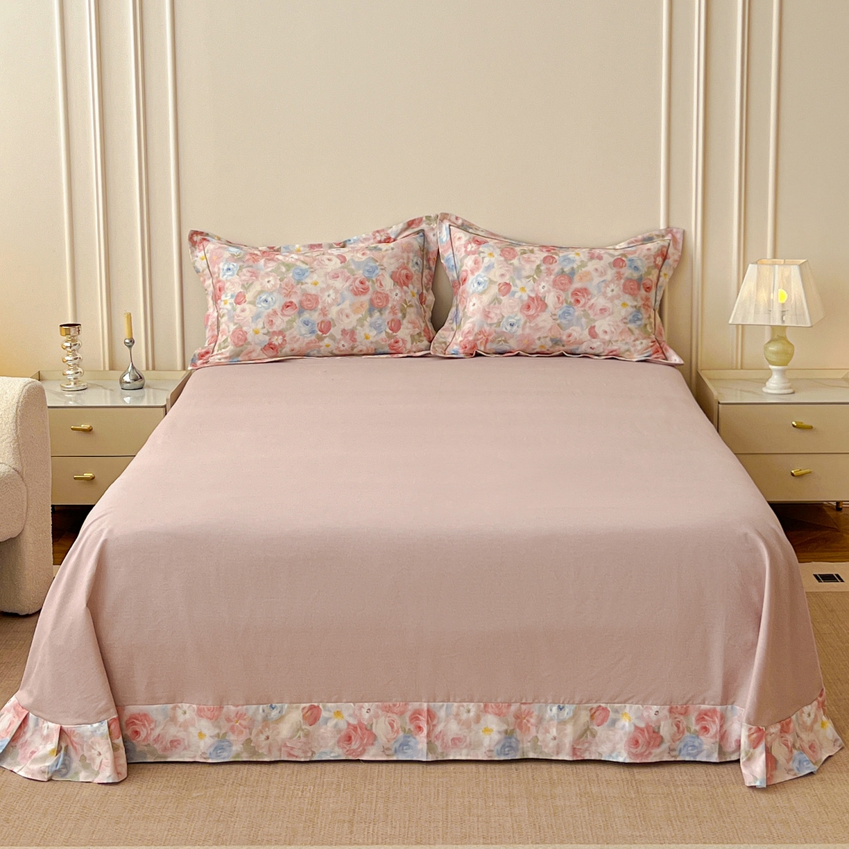 91家纺网 家纺一手货源 找家纺 朵希曼 2026新款全棉生态磨毛数码印花系列四件套 甜梦茶语-粉