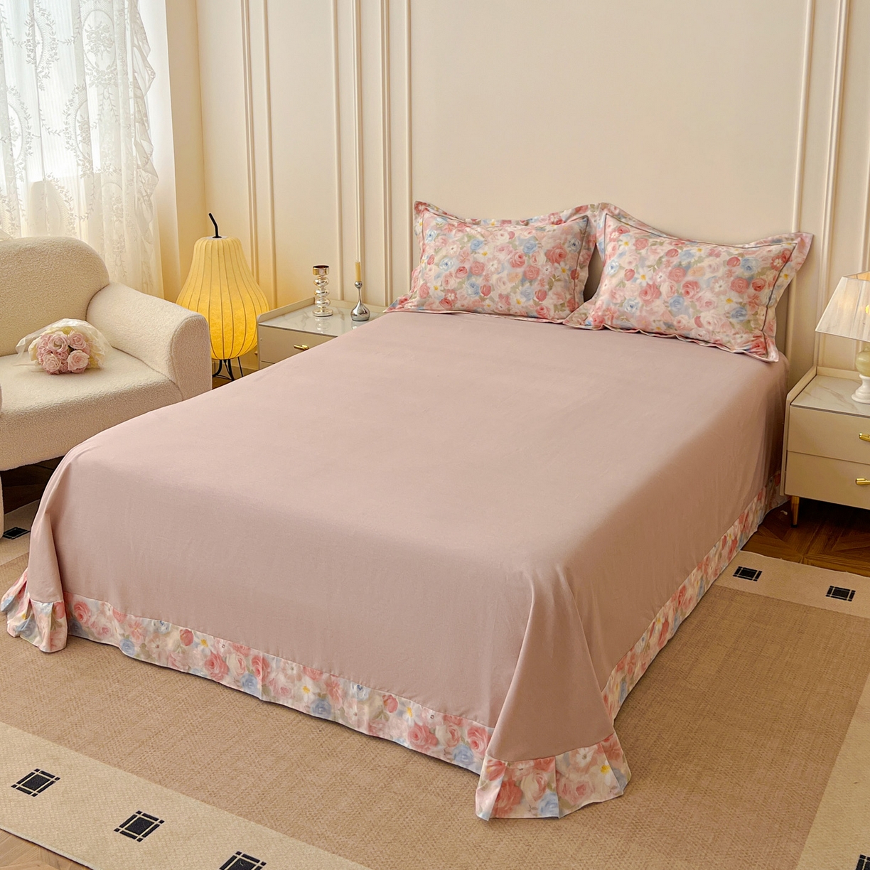 91家纺网 家纺一手货源 找家纺 朵希曼 2026新款全棉生态磨毛数码印花系列四件套 甜梦茶语-粉