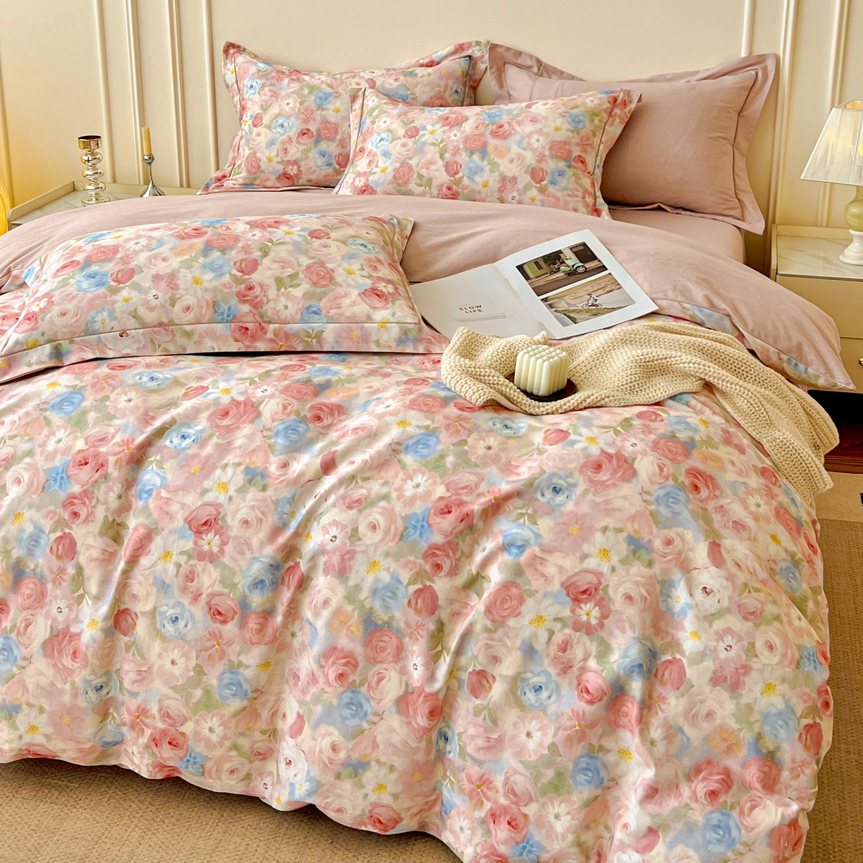 91家纺网 家纺一手货源 找家纺 朵希曼 2026新款全棉生态磨毛数码印花系列四件套 甜梦茶语-粉