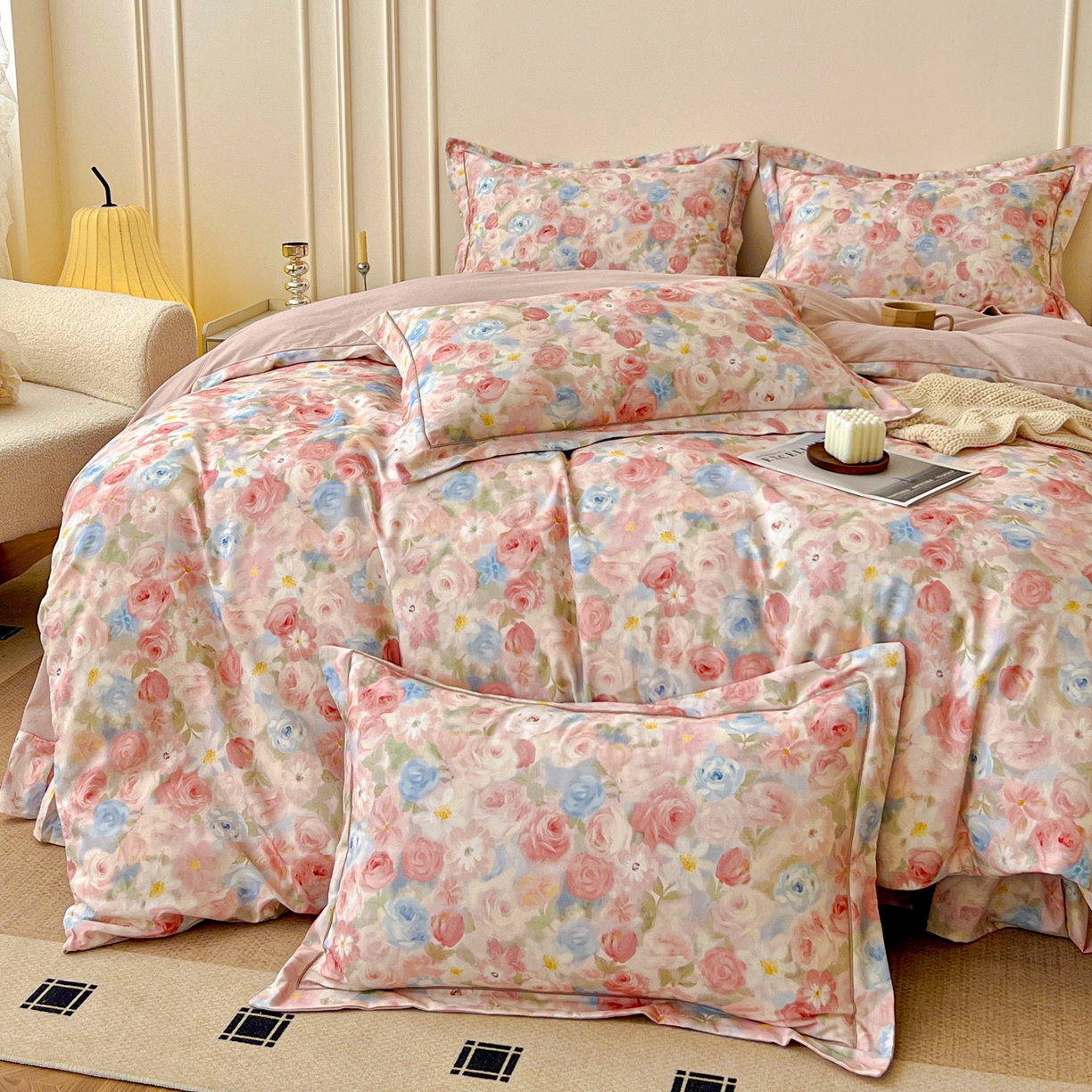 91家纺网 家纺一手货源 找家纺 朵希曼 2026新款全棉生态磨毛数码印花系列四件套 甜梦茶语-粉