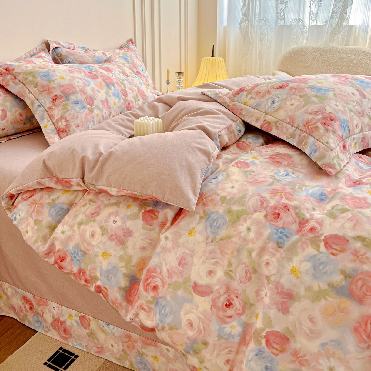 91家纺网 家纺一手货源 找家纺 朵希曼 2026新款全棉生态磨毛数码印花系列四件套 甜梦茶语-粉