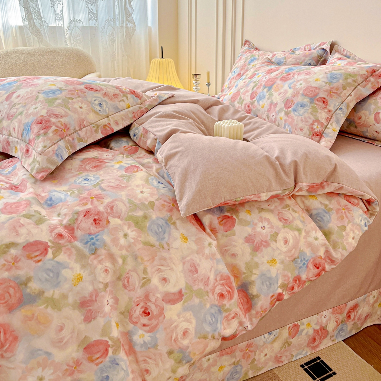 91家纺网 家纺一手货源 找家纺 朵希曼 2026新款全棉生态磨毛数码印花系列四件套 甜梦茶语-粉