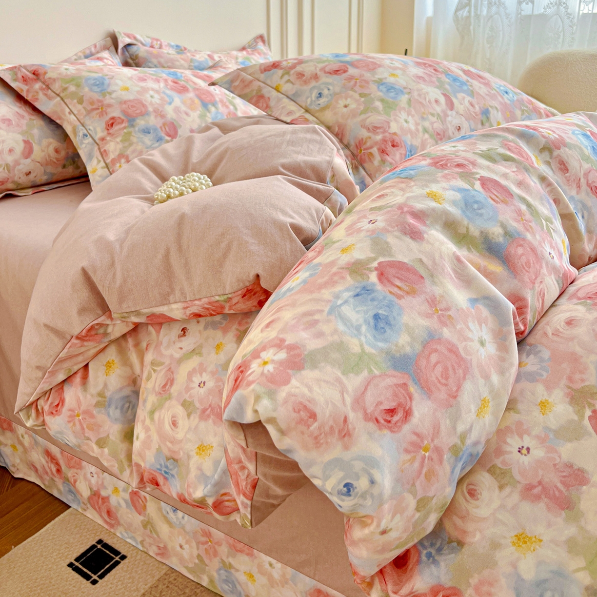 91家纺网 家纺一手货源 找家纺 朵希曼 2026新款全棉生态磨毛数码印花系列四件套 甜梦茶语-粉