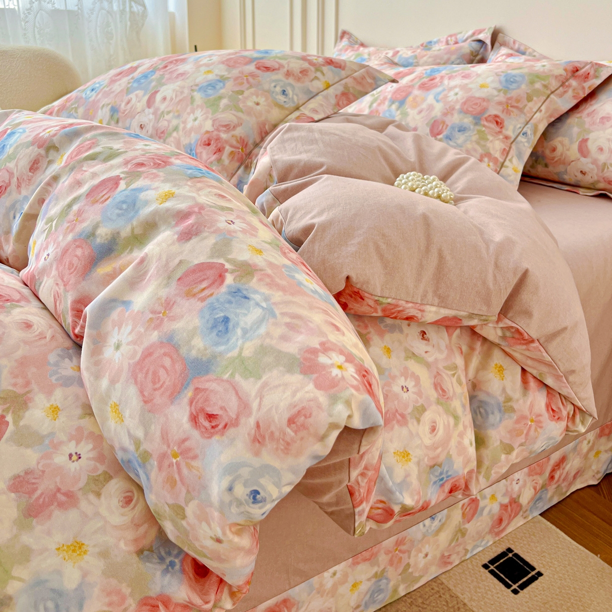 91家纺网 家纺一手货源 找家纺 朵希曼 2026新款全棉生态磨毛数码印花系列四件套 甜梦茶语-粉