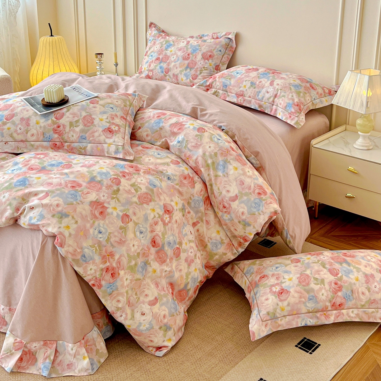 91家纺网 家纺一手货源 找家纺 朵希曼 2026新款全棉生态磨毛数码印花系列四件套 甜梦茶语-粉